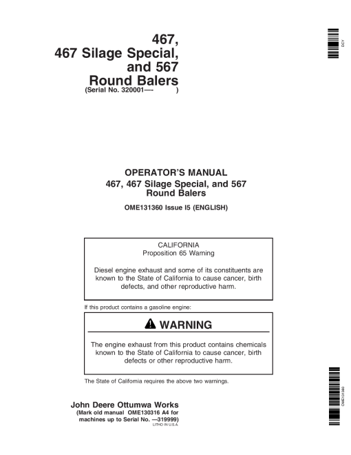 John Deere 467, 467S, 567 Round Balers (320001-) OME131360 Operators and Maintenance Manual PDF Download