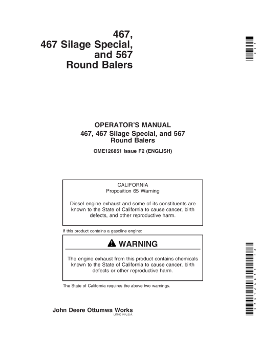 John Deere 467, 467S, 567 Round Balers OME126851 Operators and Maintenance Manual PDF Download