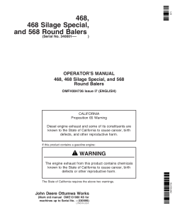 John Deere 468, 468 Silage Special, & 568 Round Balers (340001- 349999) OMFH304736 Operators and Maintenance Manual PDF Download