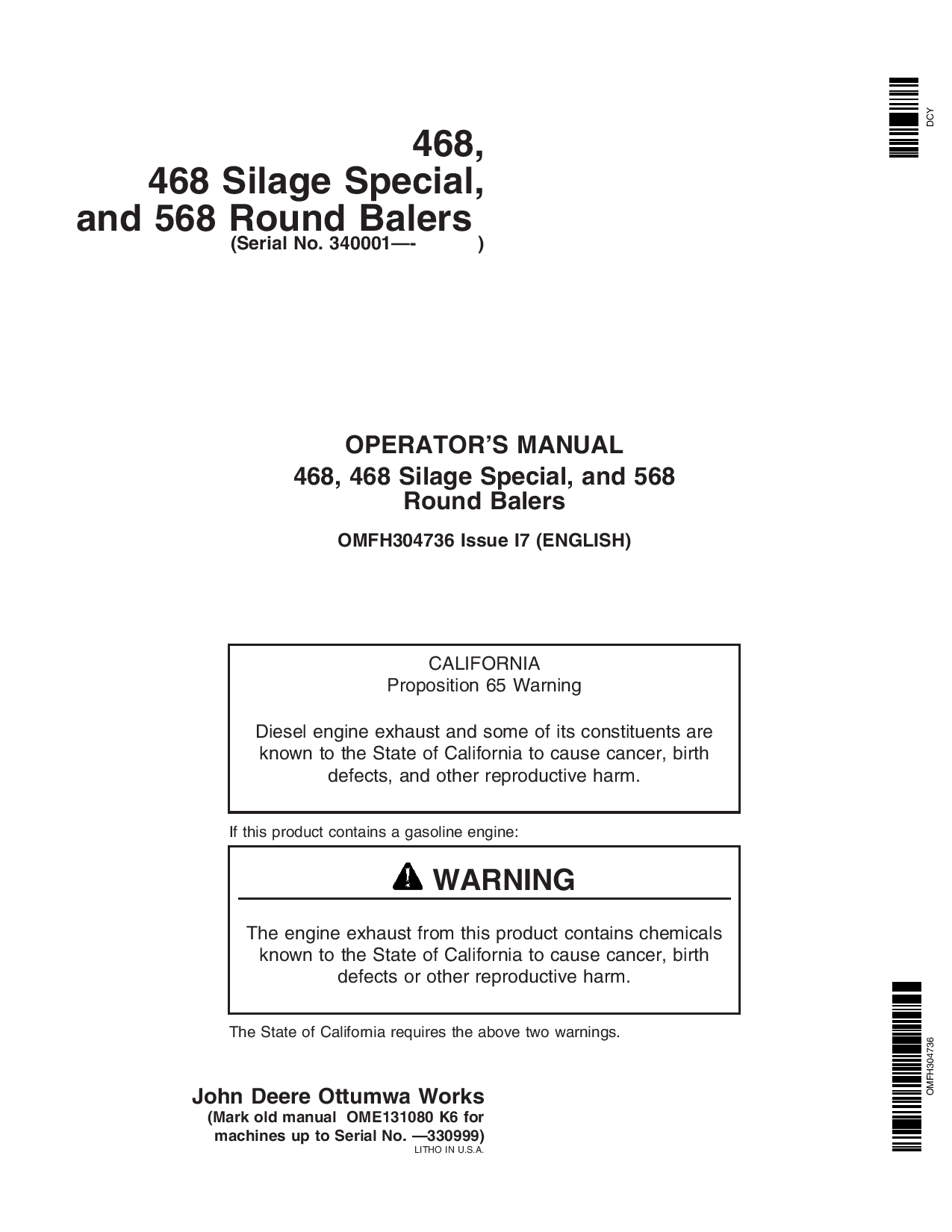 John Deere 468, 468 Silage Special, & 568 Round Balers (340001- 349999) OMFH304736 Operators and Maintenance Manual PDF Download