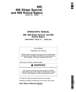 John Deere 468, 468 Silage Special, & 568 Round Balers (360001-) OMFH309531 Operators and Maintenance Manual PDF Download