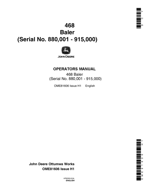 John Deere 468 Baler OME81606 Operators and Maintenance Manual PDF Download