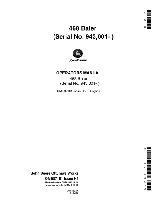 John Deere 468 Baler OME87181 Operators and Maintenance Manual PDF Download