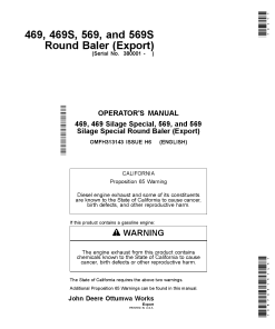 John Deere 469, 469S, 569 & 569S Round Balers (Export Edition) OMFH313143 Operators and Maintenance Manual PDF Download