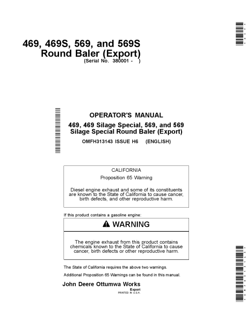 John Deere 469, 469S, 569 & 569S Round Balers (Export Edition) OMFH313143 Operators and Maintenance Manual PDF Download