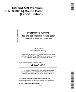 John Deere 469 &569 Premium Round Baler Export Edition (330001-410000) OMFH313150 Operators and Maintenance Manual PDF Download