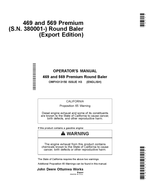 John Deere 469 &569 Premium Round Baler Export Edition (330001-410000) OMFH313150 Operators and Maintenance Manual PDF Download