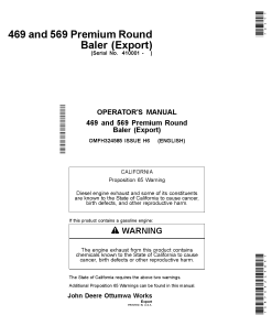 John Deere 469 & 569 Premium Round Balers (Export Edition) OMFH324585 Operators and Maintenance Manual PDF Download
