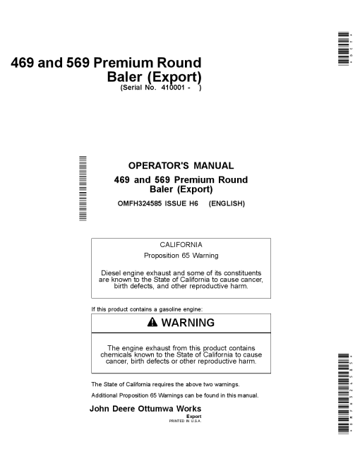 John Deere 469 & 569 Premium Round Balers (Export Edition) OMFH324585 Operators and Maintenance Manual PDF Download