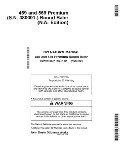 John Deere 469 & 569 Premium Round Balers North American Edition (380001-410000) OMFH313147 Operators and Maintenance Manual PDF Download