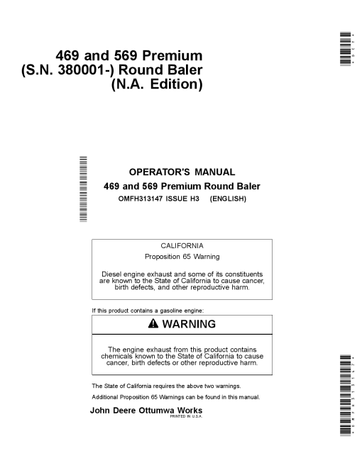 John Deere 469 & 569 Premium Round Balers North American Edition (380001-410000) OMFH313147 Operators and Maintenance Manual PDF Download
