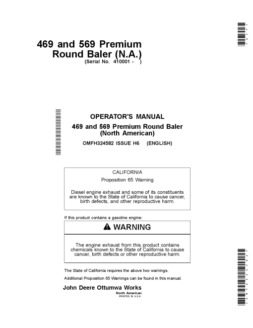 John Deere 469 & 569 Premium Round Balers (North American Edition) OMFH324582 Operators and Maintenance Manual PDF Download