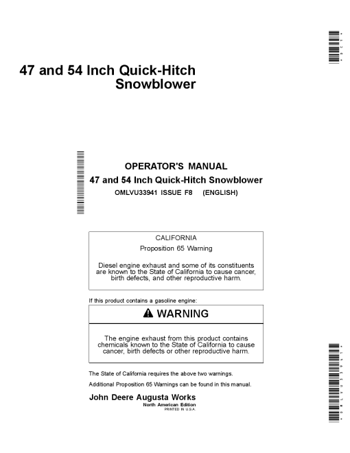 John Deere 47 & 54 Inch Quick-Hitch Snowblowers OMLVU33941 Operators and Maintenance Manual PDF Download