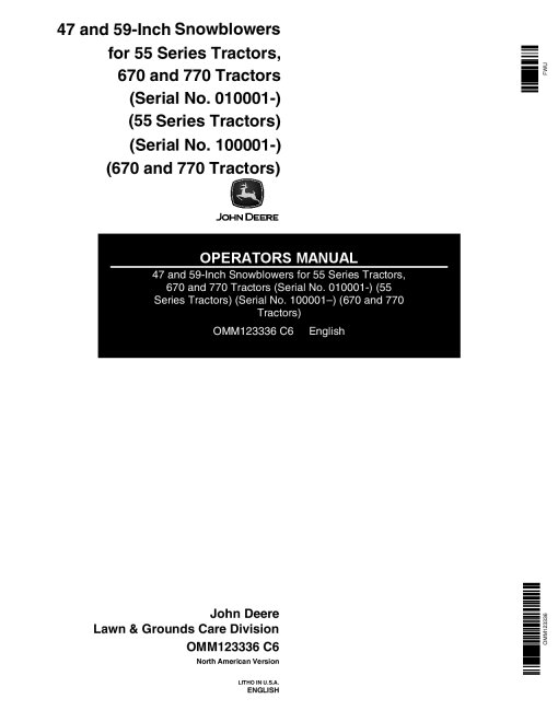 John Deere 47-, 59-In. Snowblower (010001-) OMM123336 Operators and Maintenance Manual PDF Download