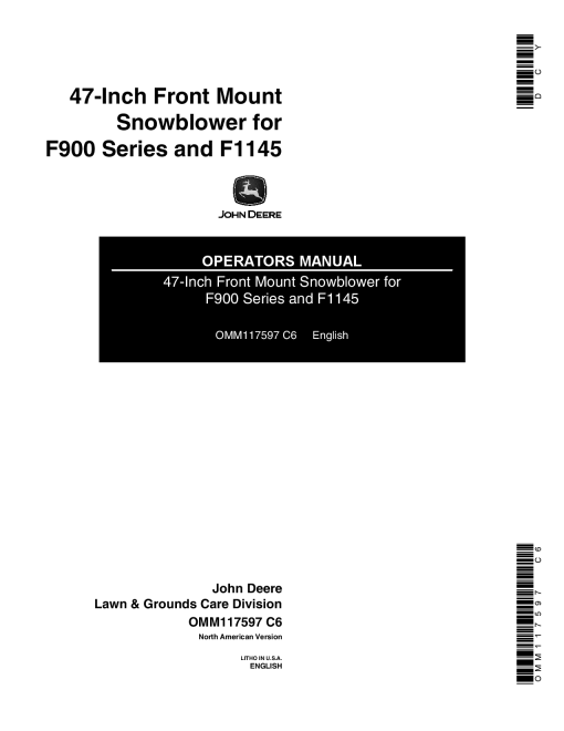 John Deere 47-Inch Front-Mount Snowblower (060000-) OMM117597 Operators and Maintenance Manual PDF Download
