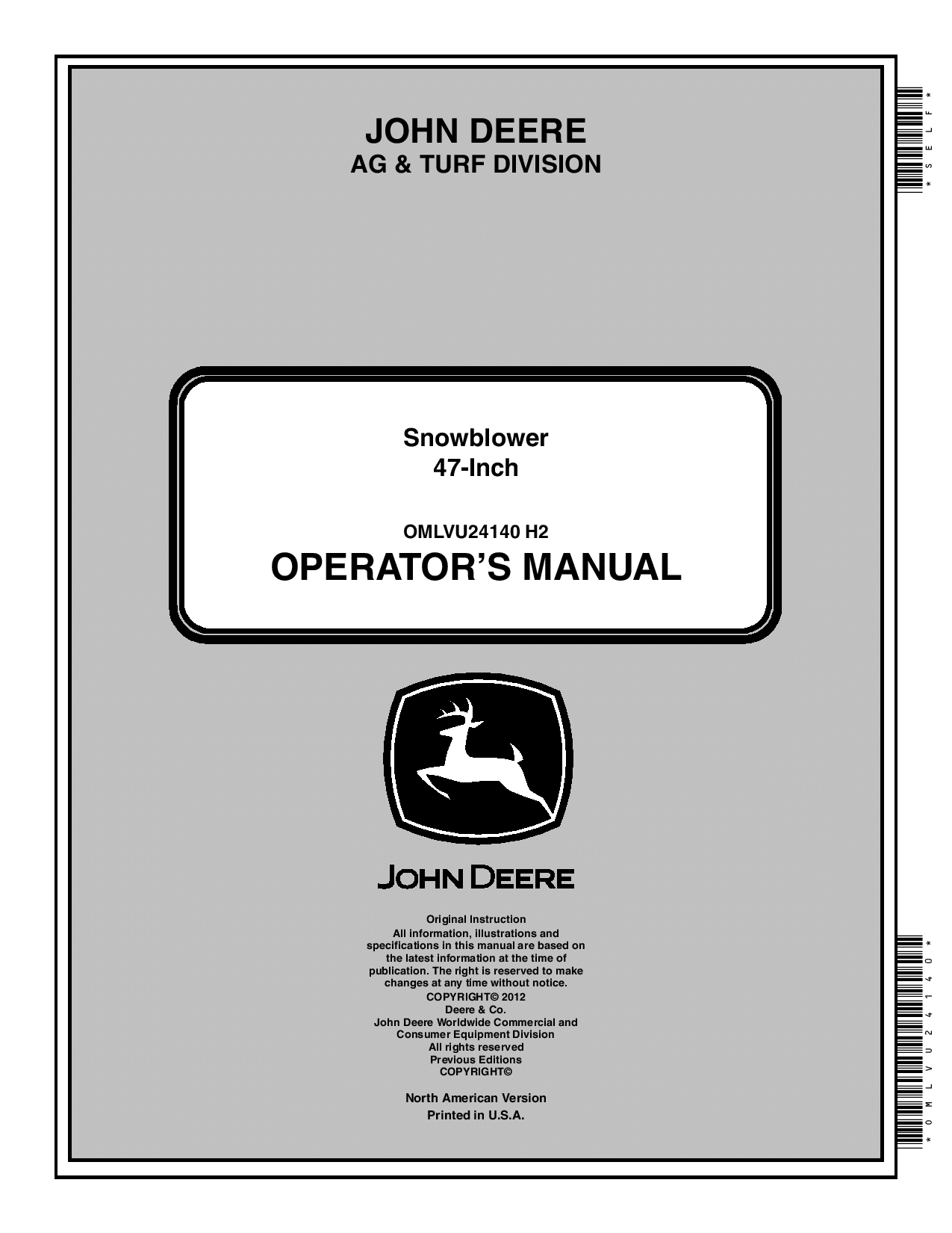 John Deere 47 inch Snowblower (100001-) OMLVU24140 Operators and Maintenance Manual PDF Download