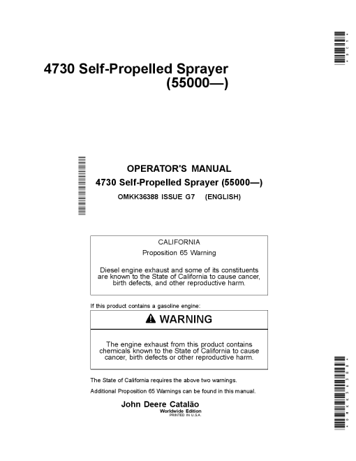John Deere 4730 Self-Propelled Sprayers OMKK36388 Operators and Maintenance Manual PDF Download