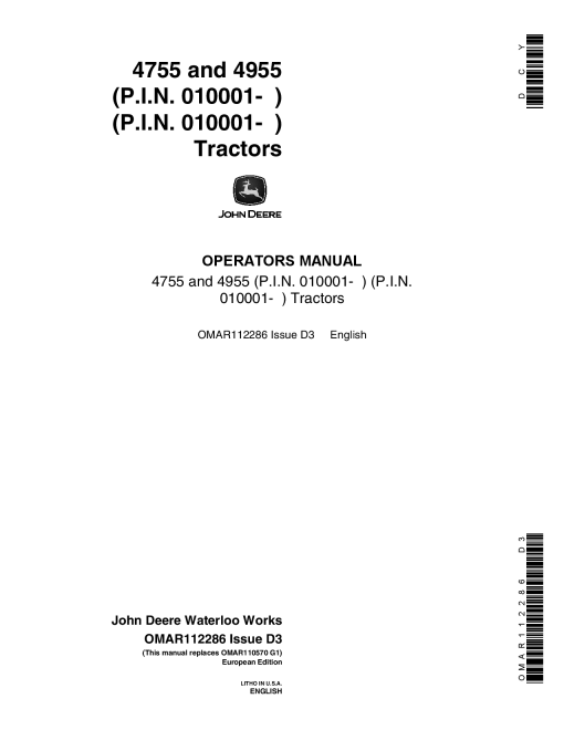 John Deere 4755, 4955 Tractors OMAR112286 Operators and Maintenance Manual PDF Download