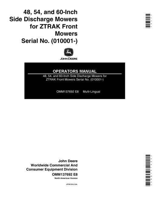 John Deere 48-, 54-, 60-In. Side Discharge Mowers for ZTRAK Front Mowers (010001-) OMM137692 Operators and Maintenance Manual PDF Download