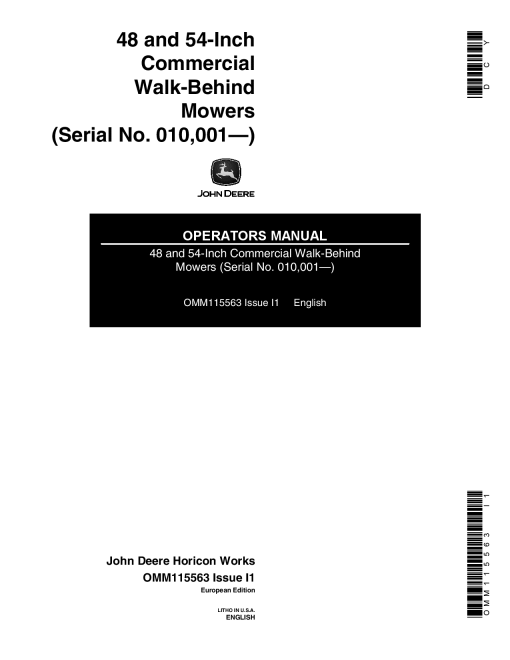 John Deere 48, 54-In. Walk-Behind Commercial Rotary Mower OMM115563 Operators and Maintenance Manual PDF Download