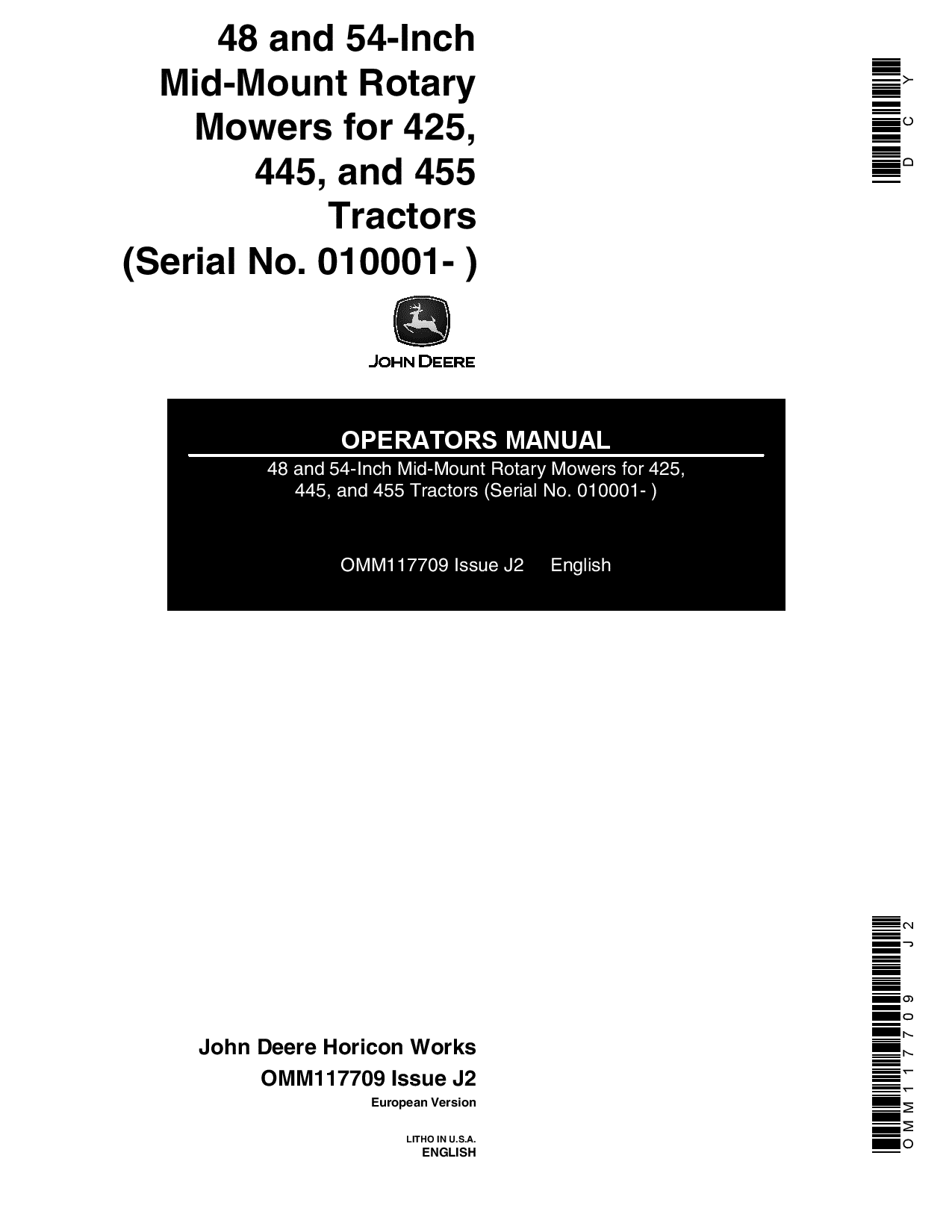 John Deere 48, 54 Inch Mid-Mount Rotary Mower for 425, 445, 455 Tractors OMM117709 Operators and Maintenance Manual PDF Download