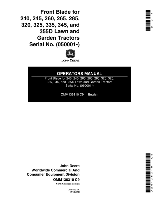 John Deere 48-Inch Front Blade (050001-) OMM136310 Operators and Maintenance Manual PDF Download