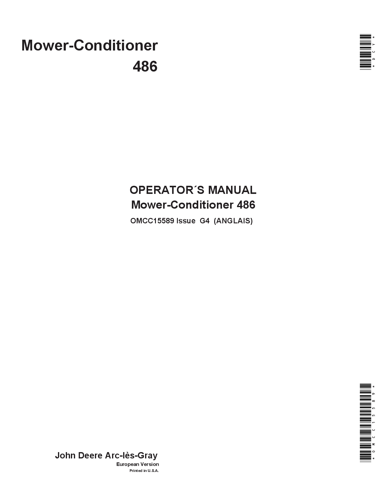 John Deere 486 Mower-Conditioners OMCC15589 Operators and Maintenance Manual PDF Download