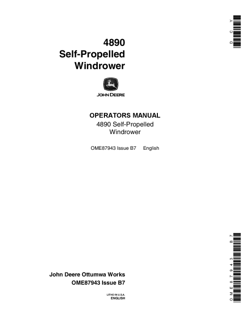 John Deere 4890 Self-Propelled Windrower( -120000) OME87943 Operators and Maintenance Manual PDF Download