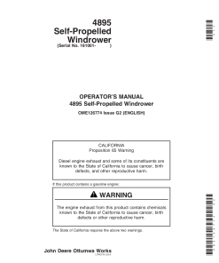 John Deere 4895 Self- Propelled Windrower (181001-) OME126774 Operators and Maintenance Manual PDF Download