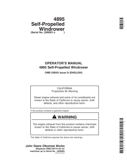 John Deere 4895 Self Propelled Windrower (300001-) OME130255 Operators and Maintenance Manual PDF Download