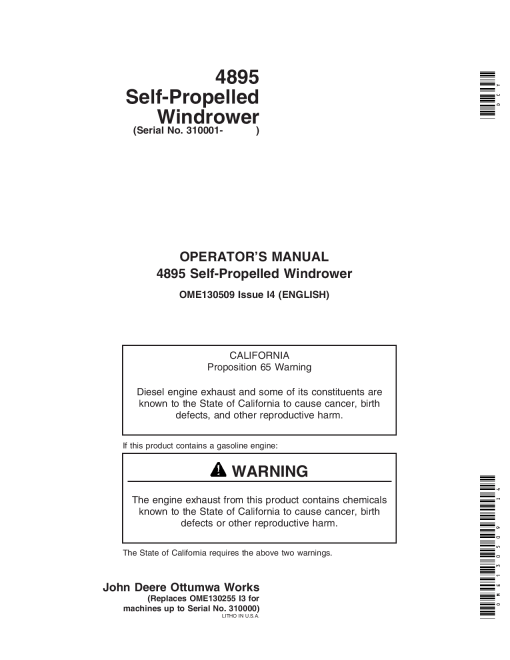 John Deere 4895 Self Propelled Windrower (310001-) OME130509 Operators and Maintenance Manual PDF Download