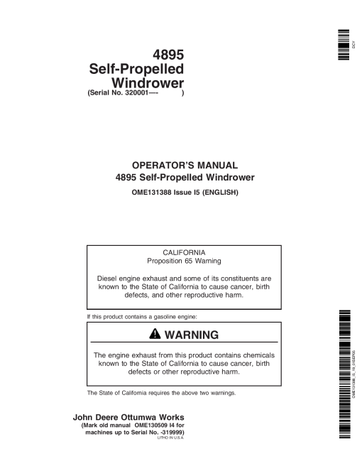 John Deere 4895 Self-Propelled Windrower (320001-) OME131388 Operators and Maintenance Manual PDF Download