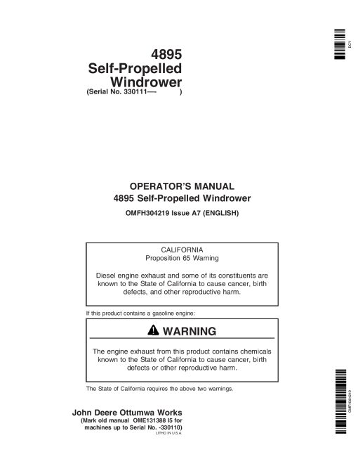 John Deere 4895 Self-Propelled Windrower (330111-350000) OMFH304219 Operators and Maintenance Manual PDF Download