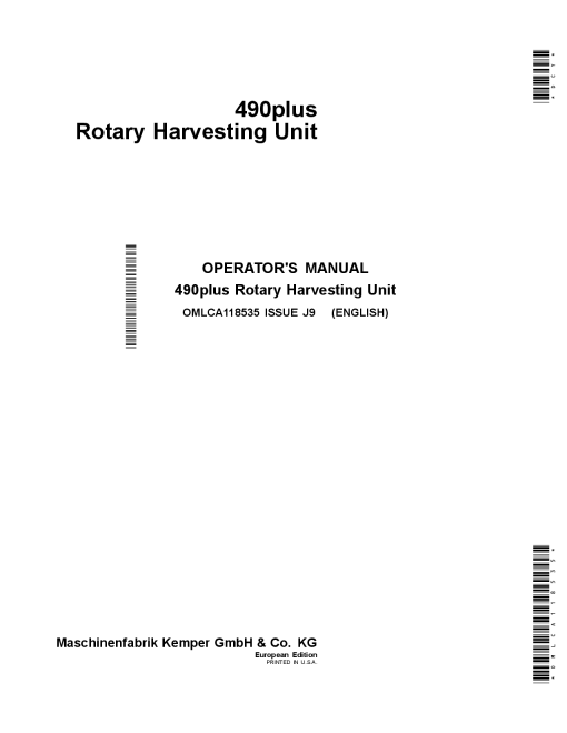 John Deere 490plus Rotary Harvesting Unit OMLCA118535 Operators and Maintenance Manual PDF Download