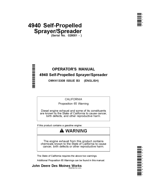 John Deere 4940 Self-Propelled Sprayer Spreader OMKK13308 Operators and Maintenance Manual PDF Download