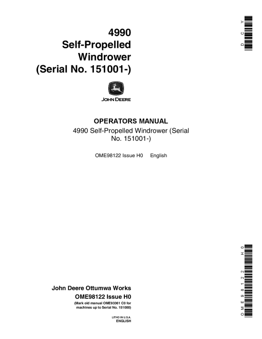 John Deere 4990 Self-Propelled Windorwer OME98122 Operators and Maintenance Manual PDF Download