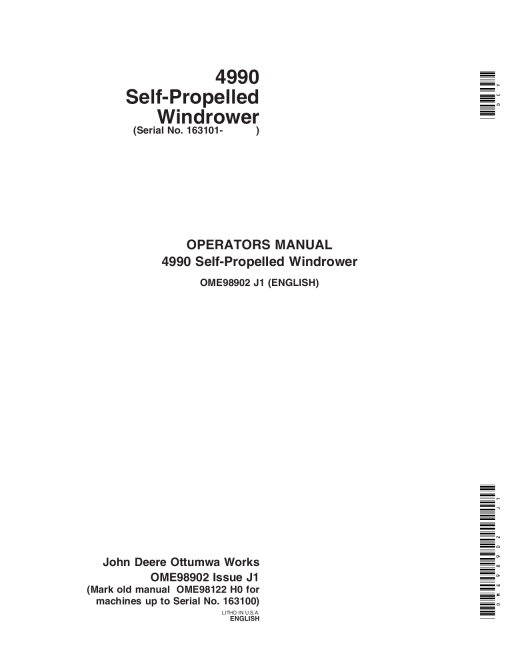 John Deere 4990 Self-Propelled Windrower OME98902 Operators and Maintenance Manual PDF Download