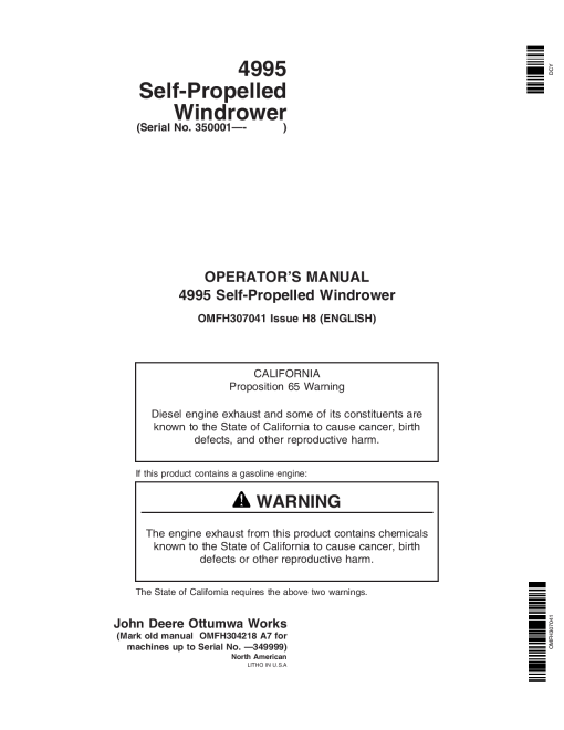 John Deere 4995 Self-Propelled Windrower (350001-) OMFH307041 Operators and Maintenance Manual PDF Download