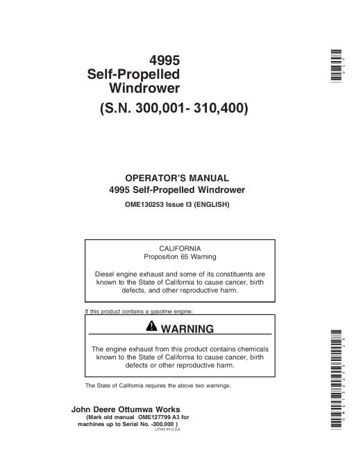 John Deere 4995 Self Propelled Windrower OME130253 Operators and Maintenance Manual PDF Download