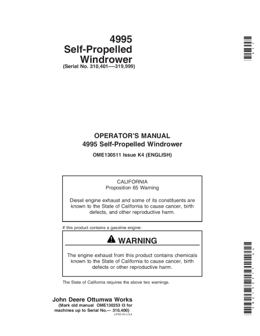 John Deere 4995 Self Propelled Windrower OME130511 Operators and Maintenance Manual PDF Download