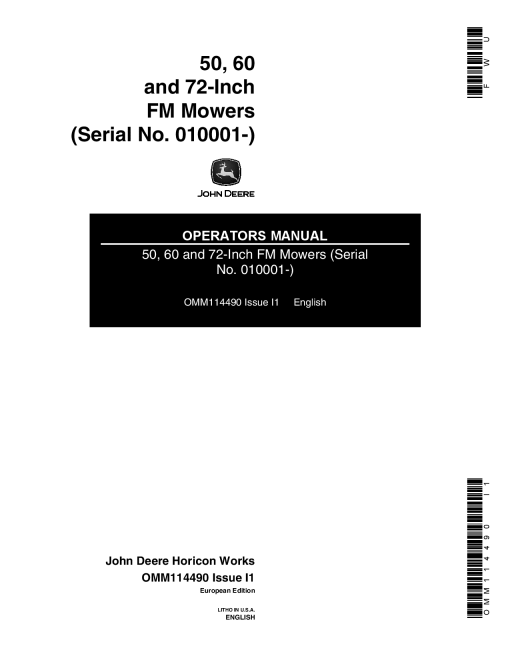 John Deere 50, 60, 72-Inch Front Mount Mowers (010001-) OMM114490 Operators and Maintenance Manual PDF Download
