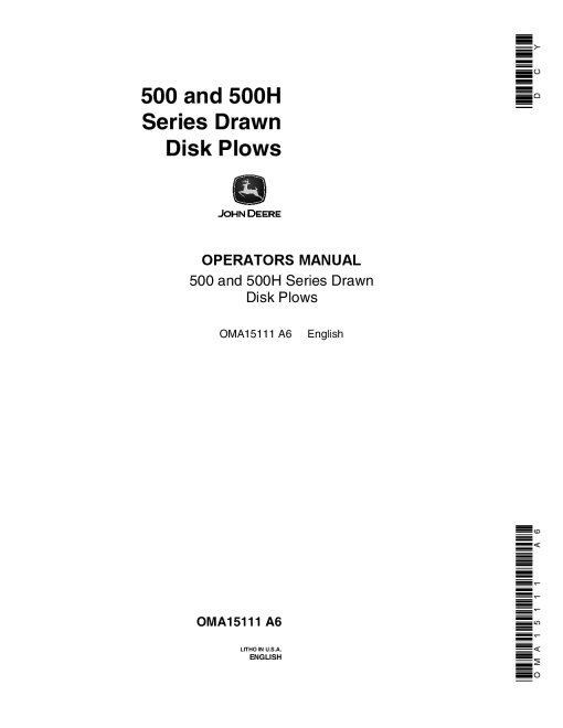 John Deere 500, 500H Series Drawn Disk Plow OMA15111 Operators and Maintenance Manual PDF Download
