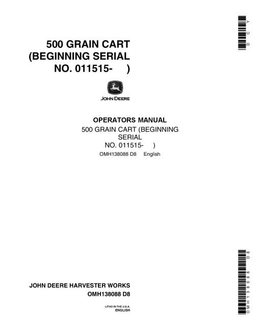 John Deere 500 Grain Cart (011515-) OMH138088 Operators and Maintenance Manual PDF Download