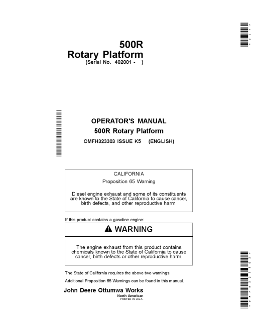John Deere 500R Rotary Platform (402001-) OMFH323303 Operators and Maintenance Manual PDF Download