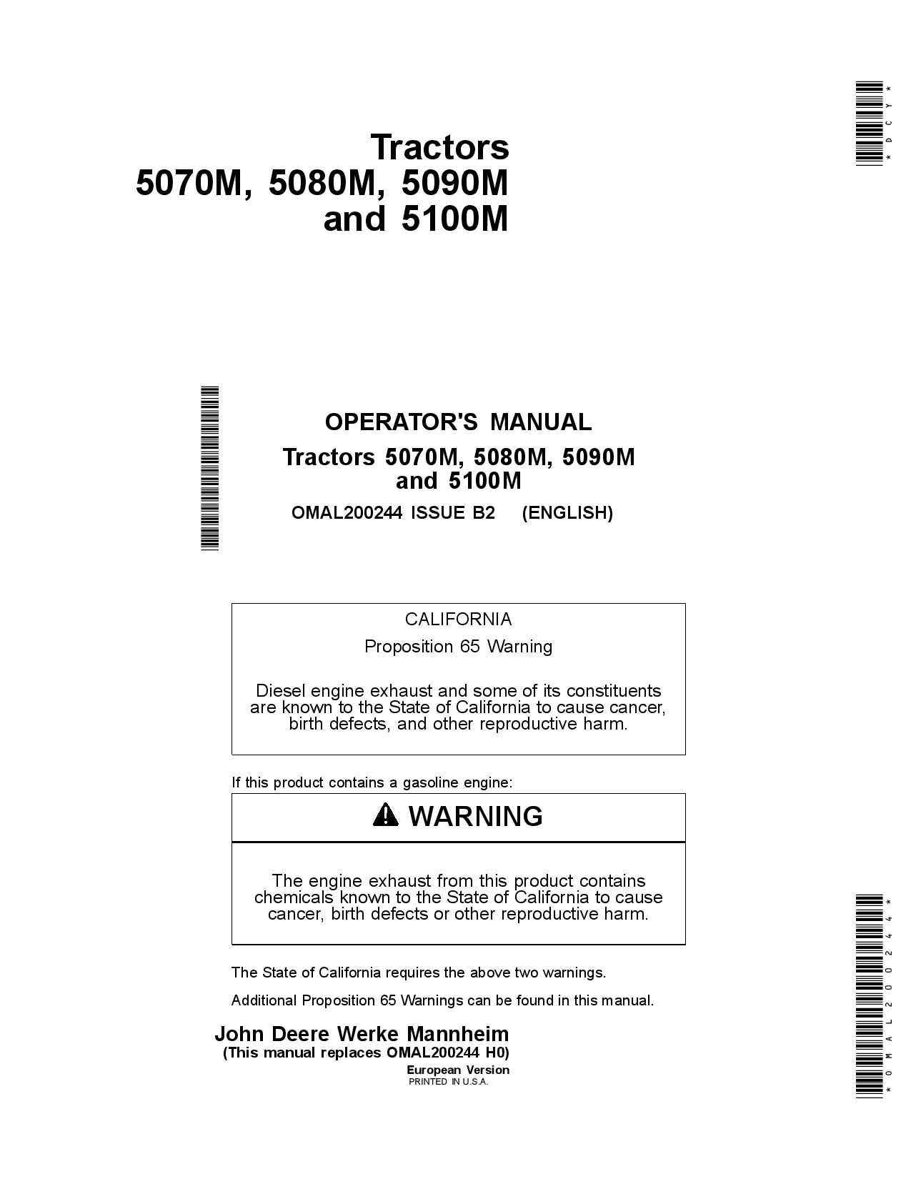 John Deere 5070M, 5080M, 5090M & 5100M Tractors OMAL200244 Operators and Maintenance Manual PDF Download