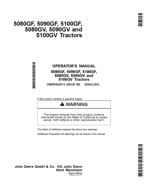 John Deere 5080GF, 5090GF, 5100GF, 5080GV, 5090GV, 5100GV Tractor (Australia Edition) OMER423513 Operators and Maintenance Manual PDF Download