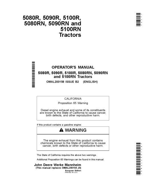 John Deere 5080R, 5090R, 5100R, 5080RN, 5090RN & 5100RN Tractors OMAL200158 Operators and Maintenance Manual PDF Download