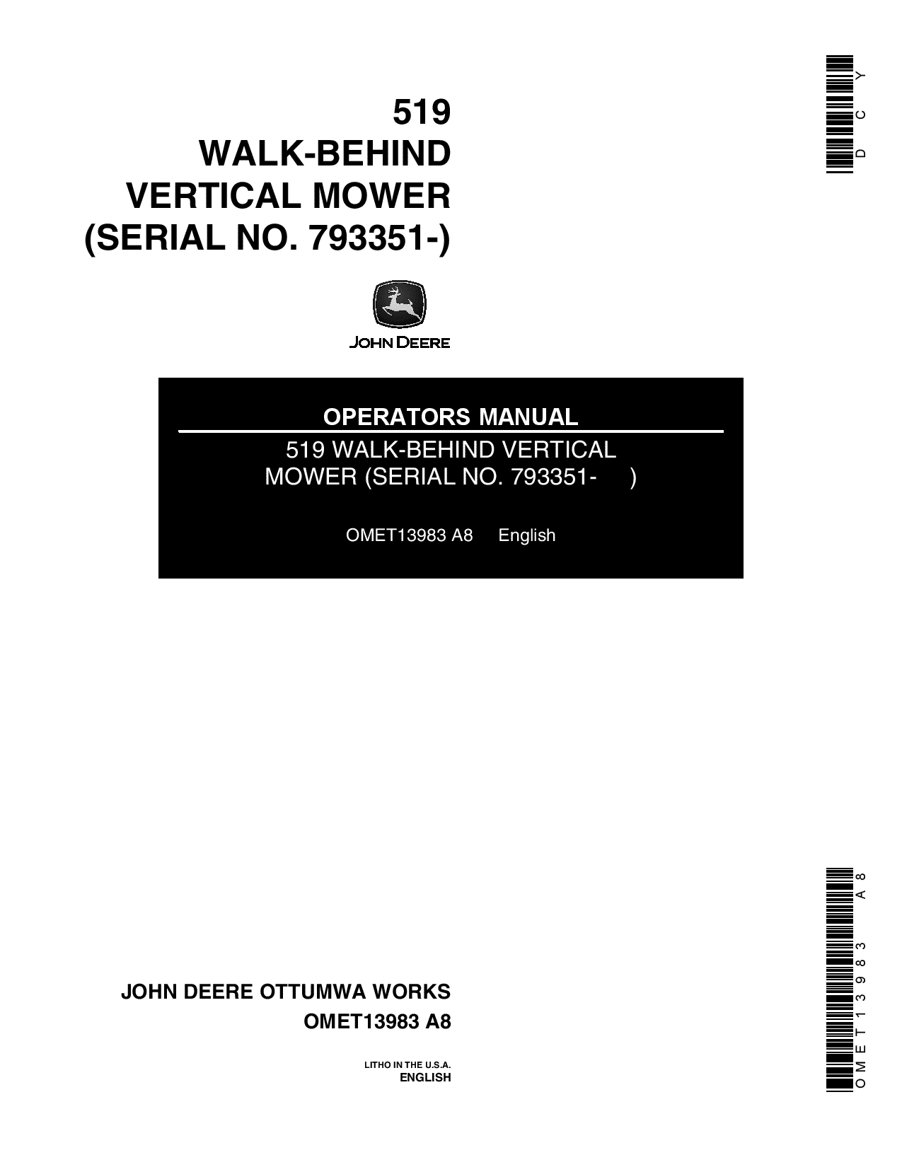 John Deere 519 Walk Behind Vertical Mower OMET13983 Operators and Maintenance Manual PDF Download