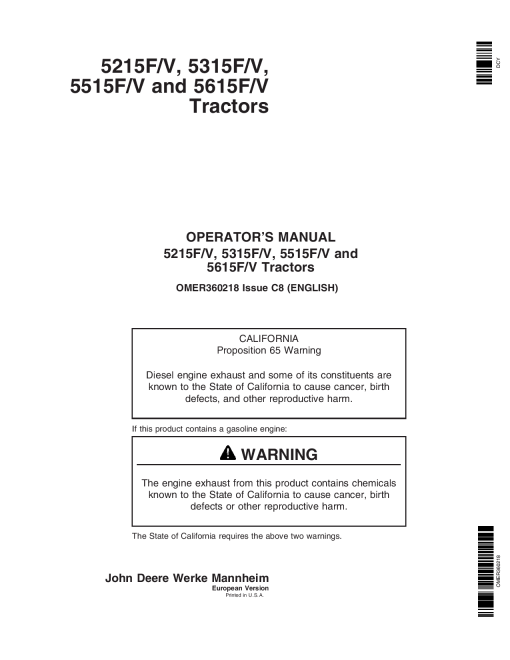John Deere 5215FV, 5315FV, 5515FV and 5615FV Tractors OMER360218 Operators and Maintenance Manual PDF Download
