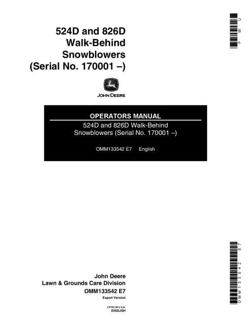 John Deere 5240, 8260 Walk-Behind Snowblower (170001-) OMM133542 Operators and Maintenance Manual PDF Download